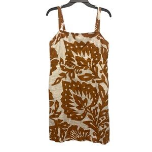 Boden Dress Size 8L 100% Linen Orange White Sleeveless Shift Floral Pockets